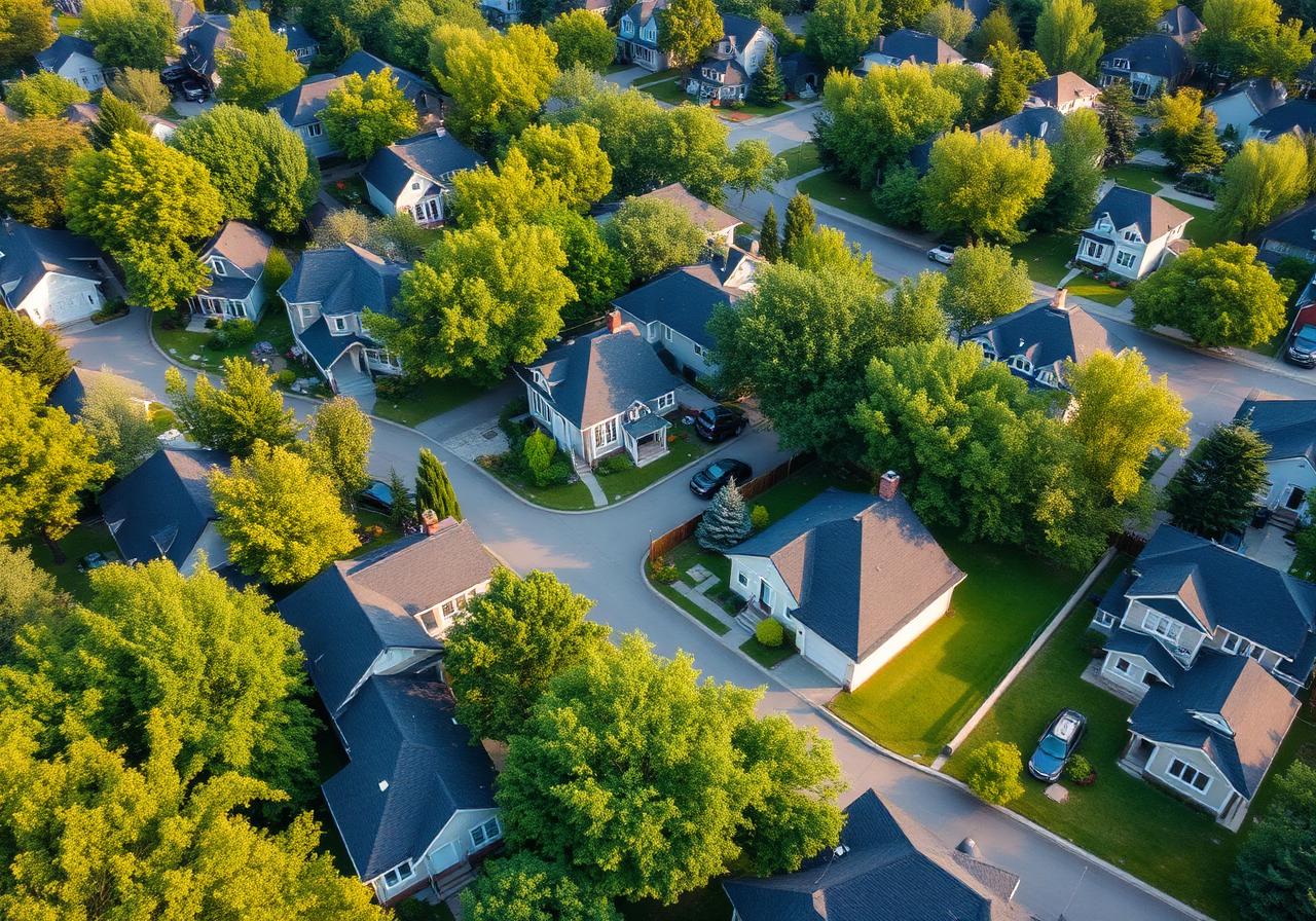Vue aérienne d'un quartier résidentiel québécois en été, illustration de la densification douce.